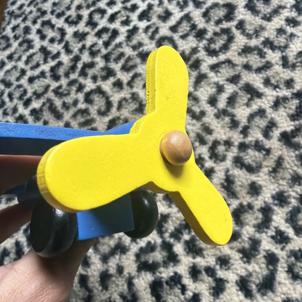 Wooden Toy Airplane Blue Yellow Propeller Spins Kids Play Decor 2009